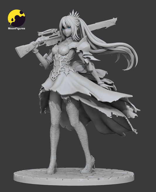 Shionne gray render beauty view focusing on detailed facial sculpt, ornate bodice filigree, lace-pattern stockings, layered dress movement, and weapon detailing