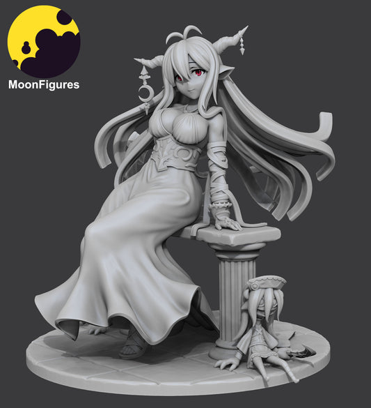 Danua gray render beauty view focusing on facial sculpt, pointed ears, horn ornaments, intricate hair movement, corset detailing, and calm but unsettling seated pose