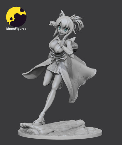 Yukikaze Panettone gray render showing fox ears, expressive face, long hair, flared kimono-style outfit, tied sash, action pose with raised gesture, and forest-style base with log.