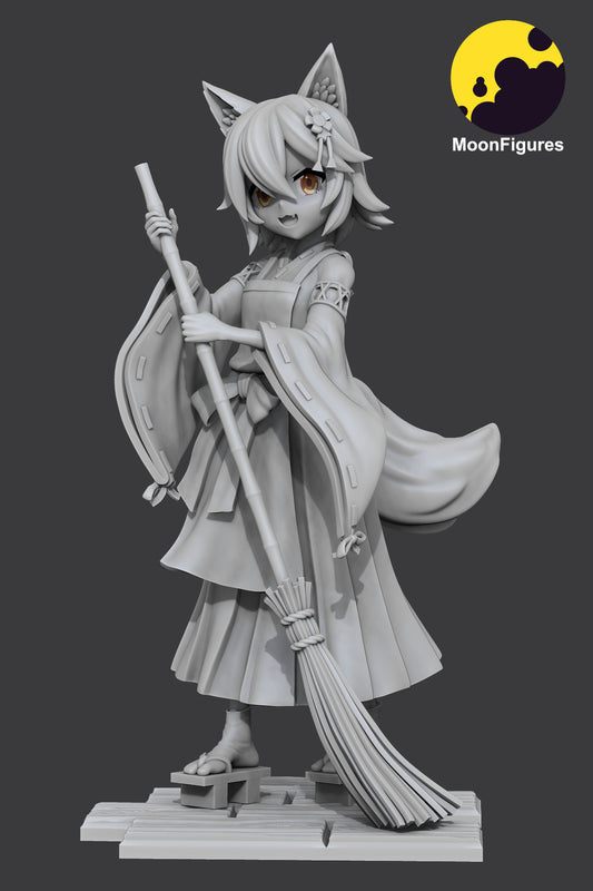 Senko-San The Helpful Fox 1:10 scale collectible figure grayscale front view showing fox tail and broom accessory