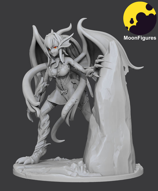 Jabberwock gray render beauty view focusing on facial sculpt with horns and pointed ears, layered hair flow, wing membranes, detailed claws, and creature-inspired anatomy