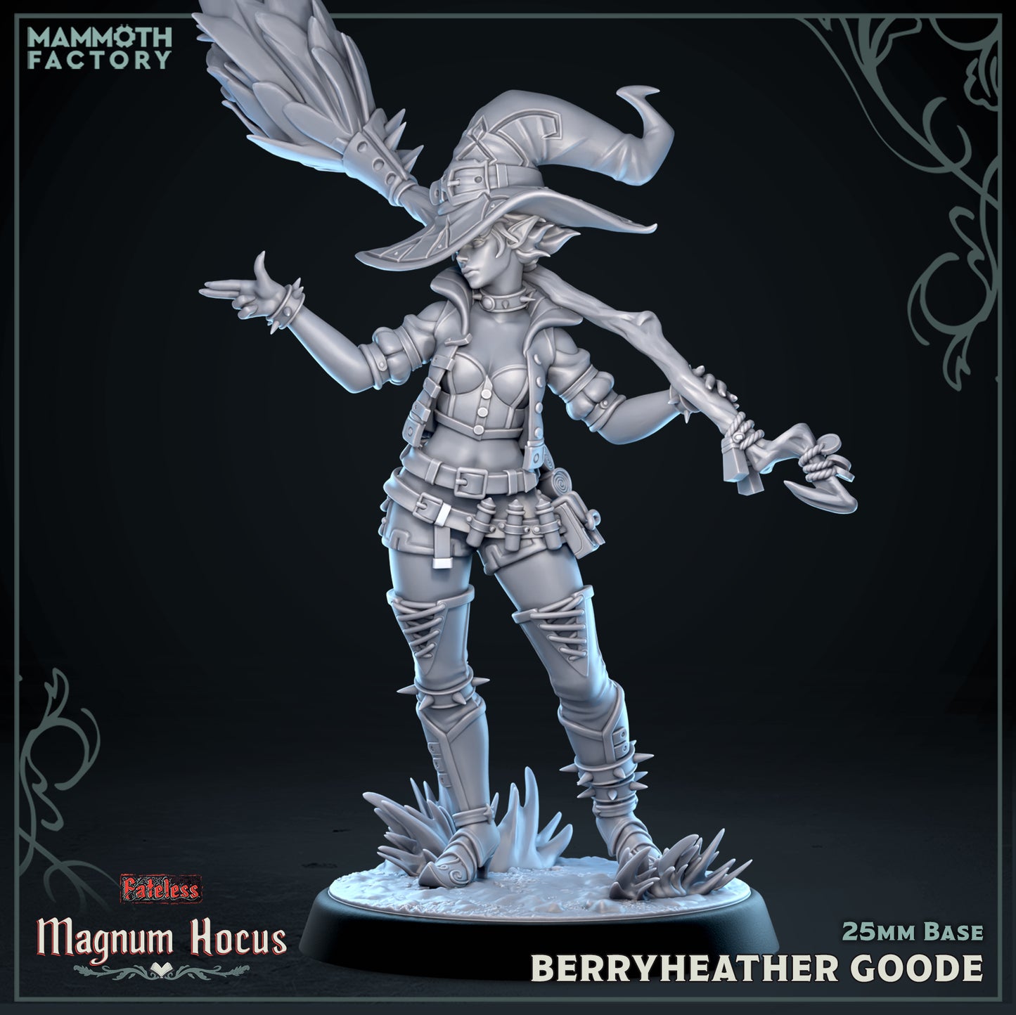 Berryheather Goode whimsical witch resin miniature with broom from Magnum Hocus by Mammoth Factory on 25mm base