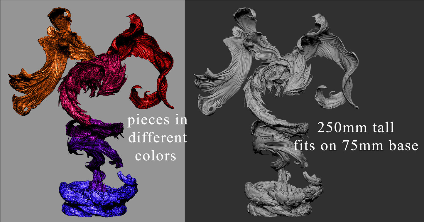 Scale diagram of the Betta Dragon, indicating its 250mm height and 75mm base, with segmented pieces for easy assembly.