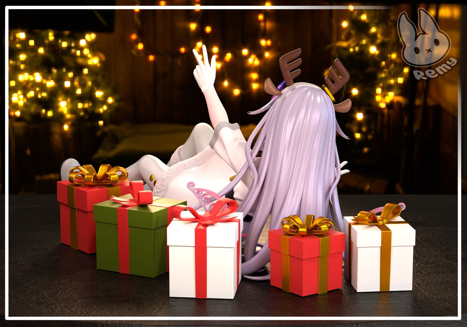 Koseki Bijou XMAS Biboo collectible figure rear view long flowing hair seated holiday pose surrounded by gift boxes reindeer antlers