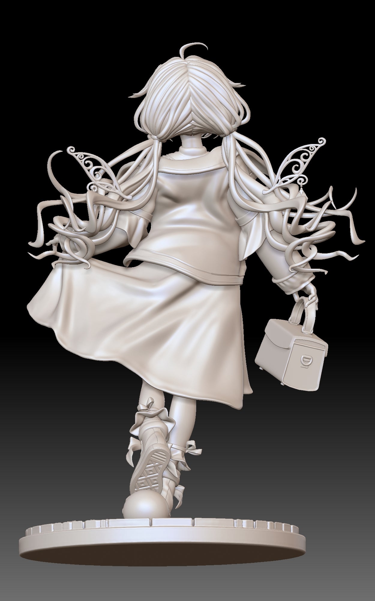 Birthday Biboo V-Tuber resin statue rear view showing twin tails fairy wings jacket folds and dynamic walking pose