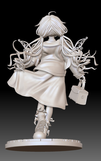 Birthday Biboo V-Tuber resin statue rear view showing twin tails fairy wings jacket folds and dynamic walking pose