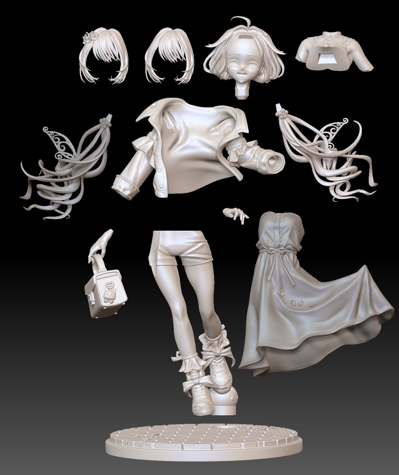 Birthday Biboo V-Tuber 1:9 resin statue parts layout including alternate hair wings dress base and handbag components