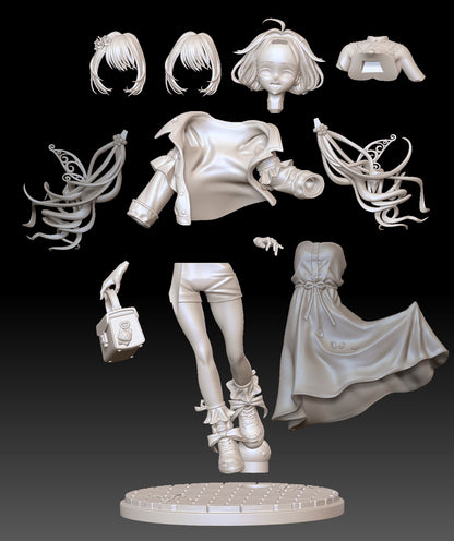 Birthday Biboo V-Tuber 1:9 resin statue parts layout including alternate hair wings dress base and handbag components