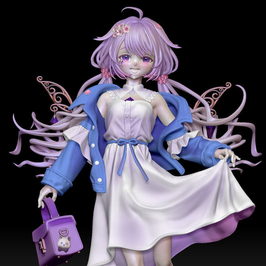 Birthday Biboo V-Tuber painted resin statue anime fairy wings pink hair blue jacket flowing dress display collectible