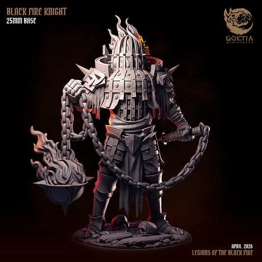 Black Fire Knight abyssal resin tabletop miniature wielding chained flaming flail with spiked armor burning helm skull base and dark fantasy horror styling for Dungeons and Dragons Pathfinder Shadowdark and MORK BORG