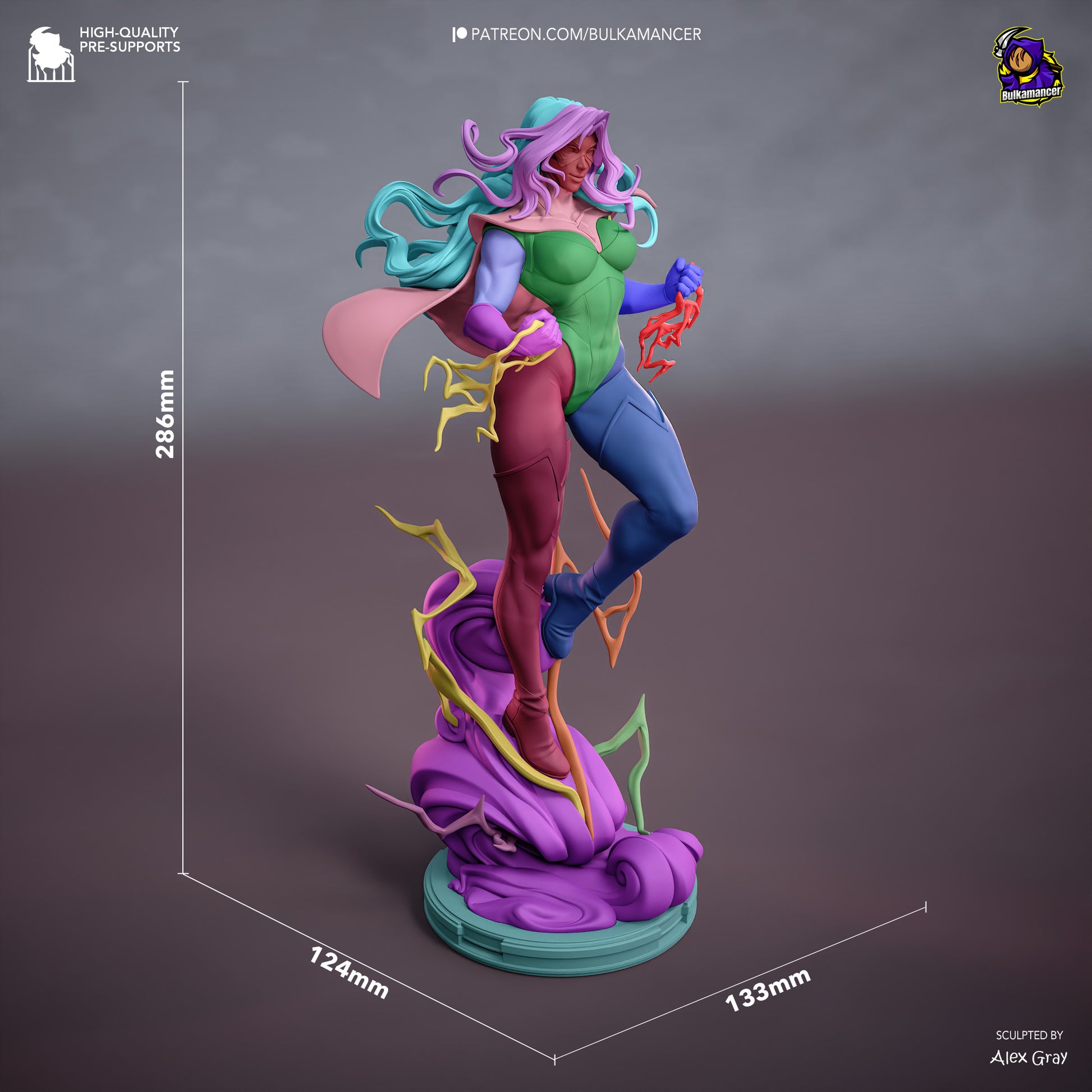 Blonde Blazer Dispatch 1:8 scale figure with measurement overlay showing 286mm height, 133mm width and 124mm length