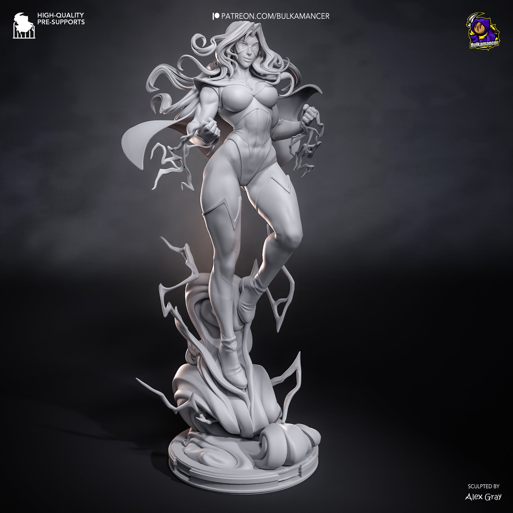 Blonde Blazer 1:8 scale superhero statue gray render front view with lightning effects and flowing cape