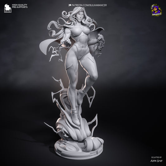 Blonde Blazer 1:8 scale superhero statue gray render front view with lightning effects and flowing cape