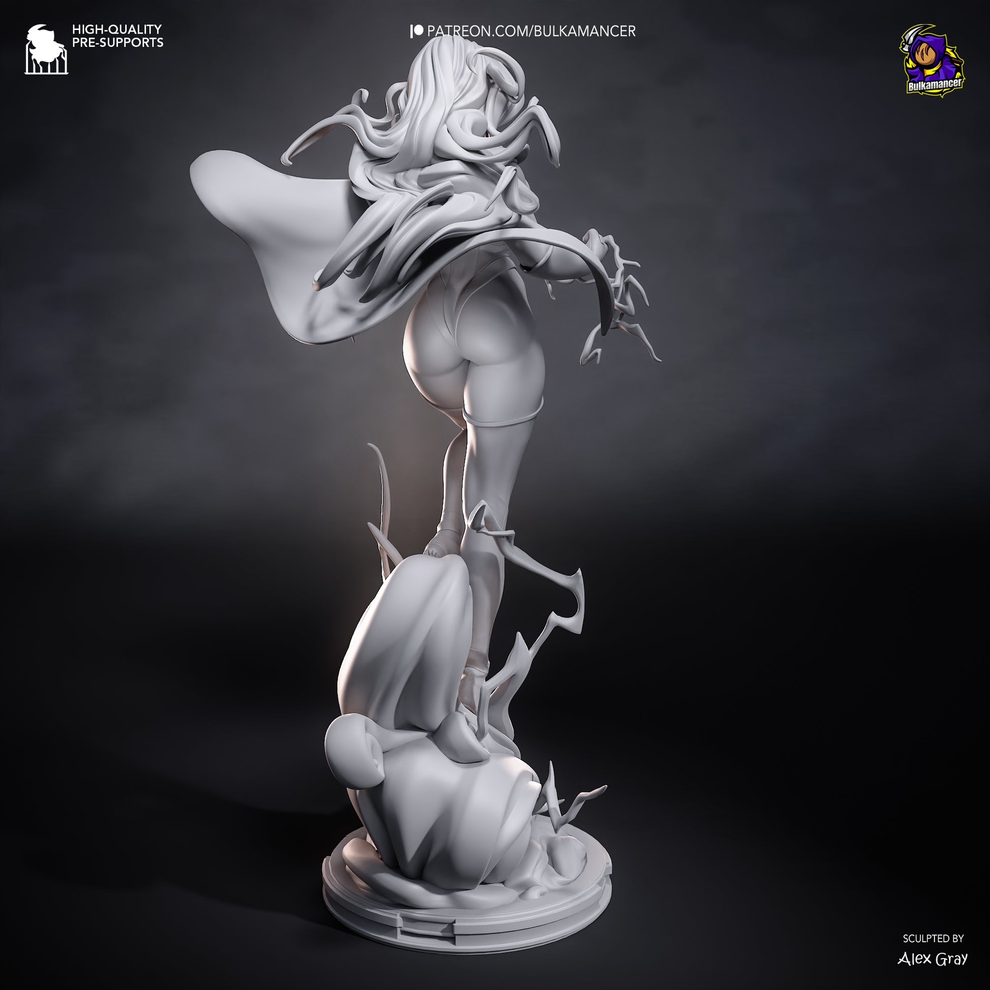 Blonde Blazer Dispatch 1:8 scale statue rear view gray render showing cape movement and energy base