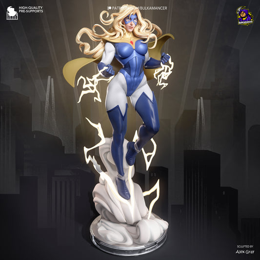 Blonde Blazer Dispatch 1:8 scale painted superhero figure with blonde hair, blue and white suit, gold cape and lightning energy effects