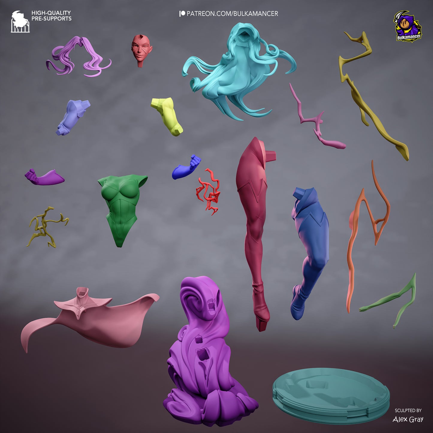 Blonde Blazer 1:8 scale superhero figure parts layout showing hair options, head sculpt, torso, arms, legs, cape, lightning effects and base components