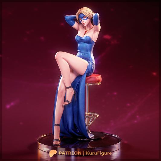 Blonde Blazer Dispatch figure front view showing seated pose dress details mask and confident expression