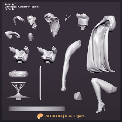 Blonde Blazer Dispatch 1:7 scale figure parts layout showing 17 piece model kit breakdown