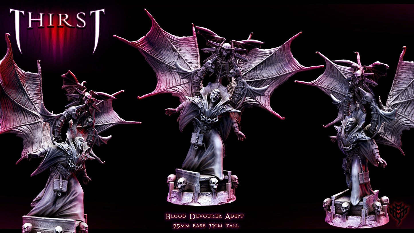 A vampire mage with a flowing robe and large bat wings, standing atop a gothic-themed base with skull decorations.