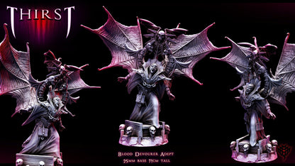 A vampire mage with a flowing robe and large bat wings, standing atop a gothic-themed base with skull decorations.