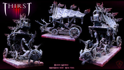 Side view of the Blood Mobile showcasing detailed vampiric carvings, skeletal guardians, and a sinister casket.