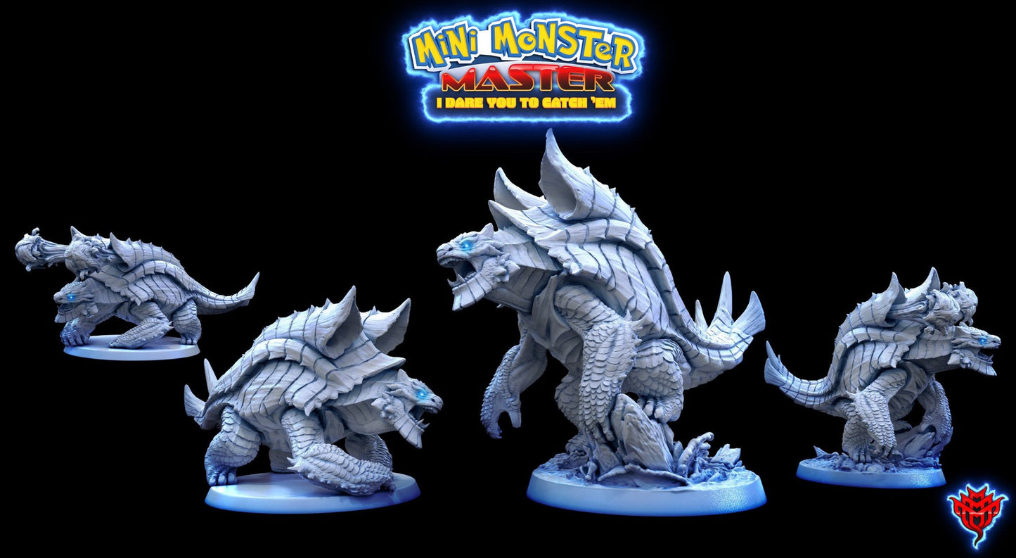 Blue Titanoise miniature showcasing a turtle-like creature with a shell, sharp claws, and glowing blue eyes in a crouched stance.