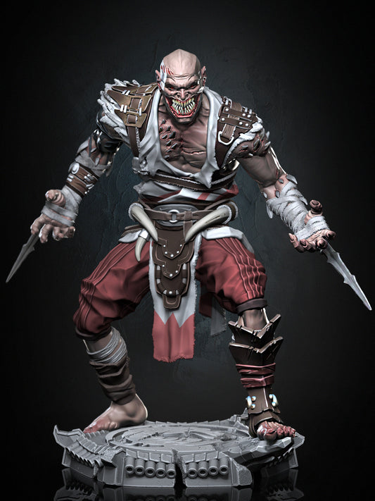 Painted Render Image – Melted Assassin painted miniature with scarred flesh, jagged teeth, and dual arm blades, Mortal Kombat Baraka inspired figure.