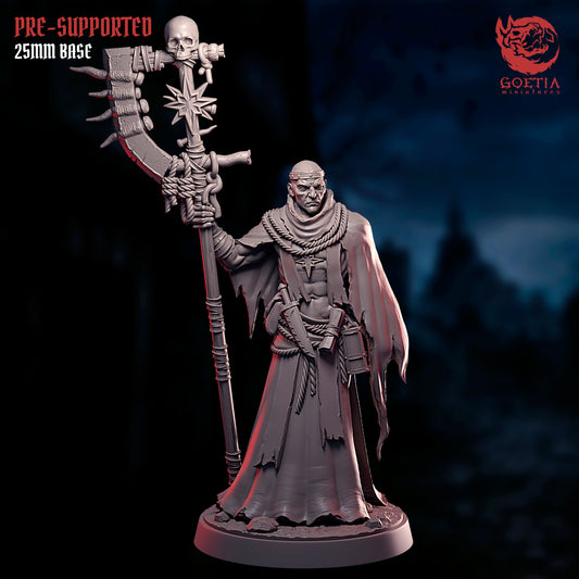 Brother Recruiter human cult preacher miniature holding skull topped ritual scythe, tattered robes and rope belt, gruesome ritual dark fantasy Dungeons and Dragons cult leader 25mm base