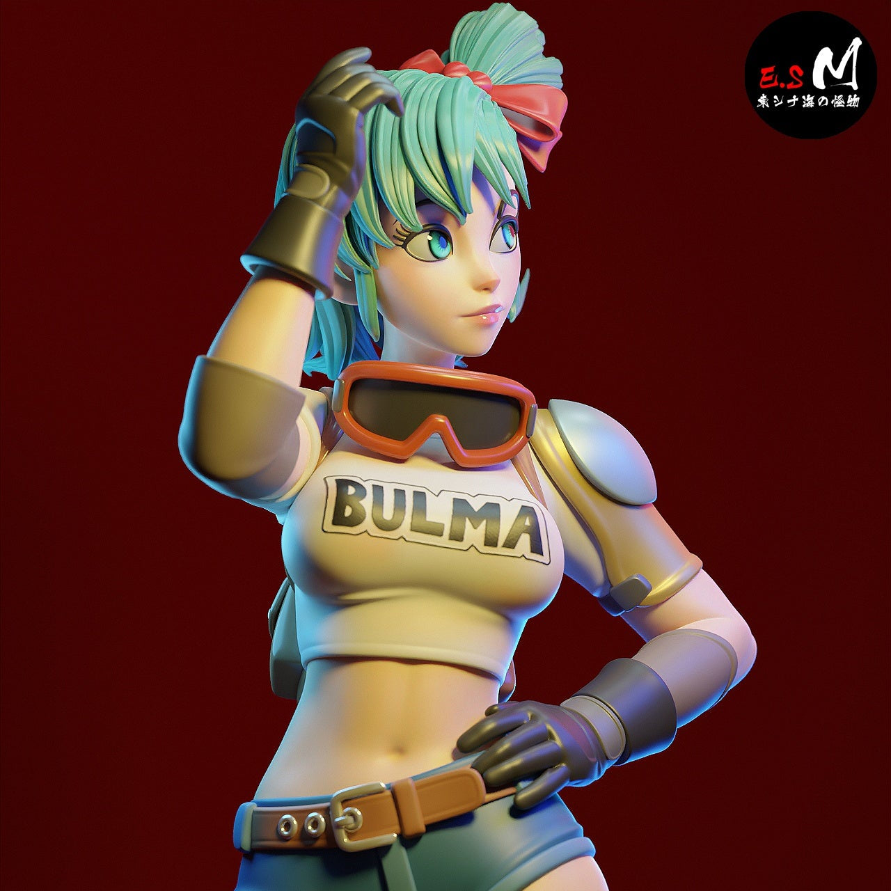 Bulma Dragon Ball close up statue, anime face sculpt detail, goggles and hair bow, character figure