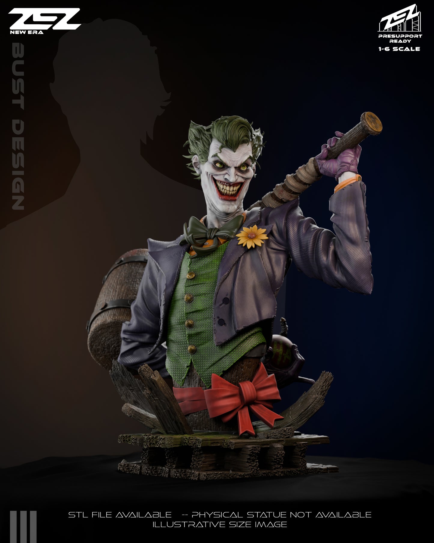 Clay render close-up of The Joker with mallet, grinning expression, and detailed suit textures – DC Comics Batman 1:6 scale statue.