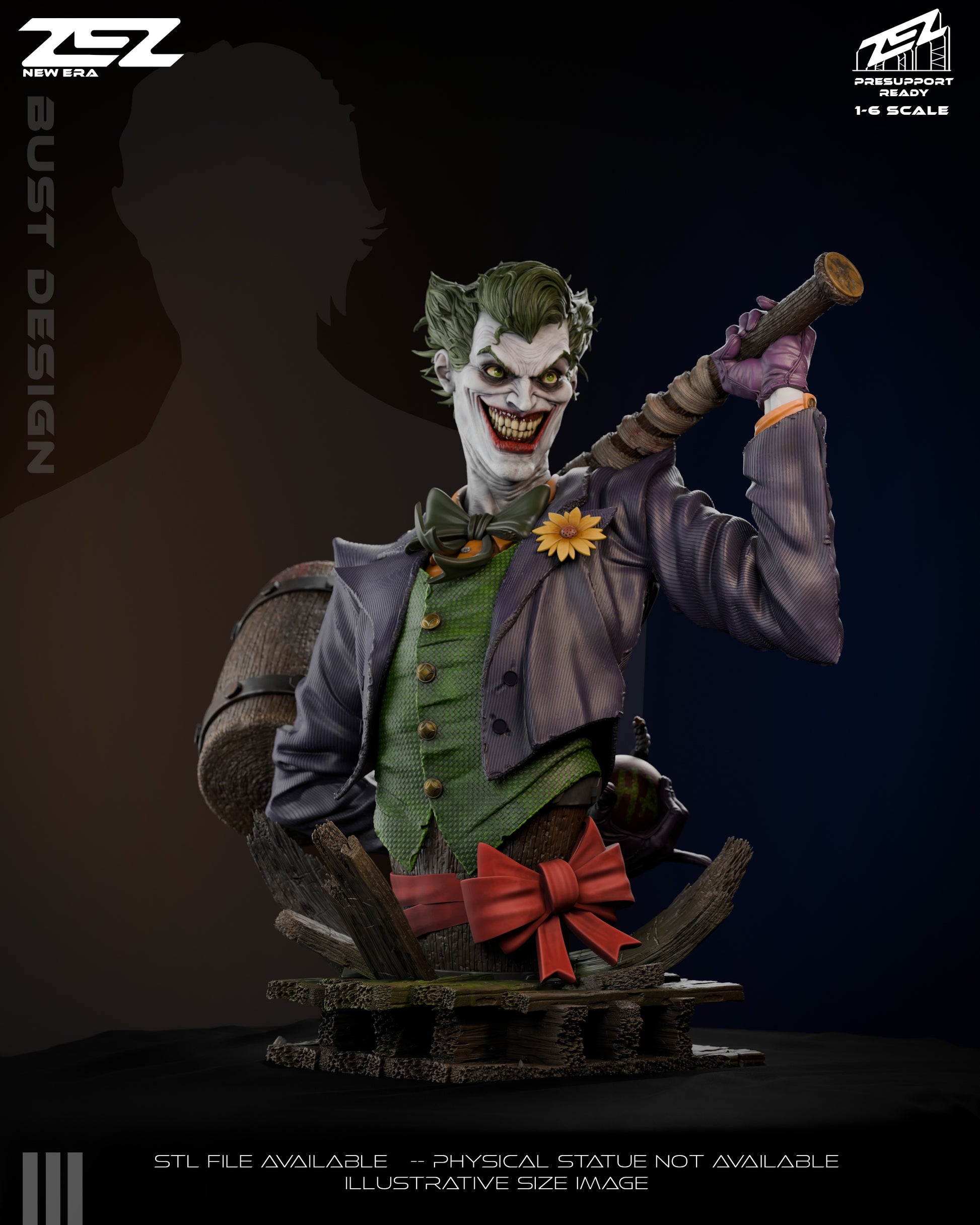 Clay render close-up of The Joker with mallet, grinning expression, and detailed suit textures – DC Comics Batman 1:6 scale statue.