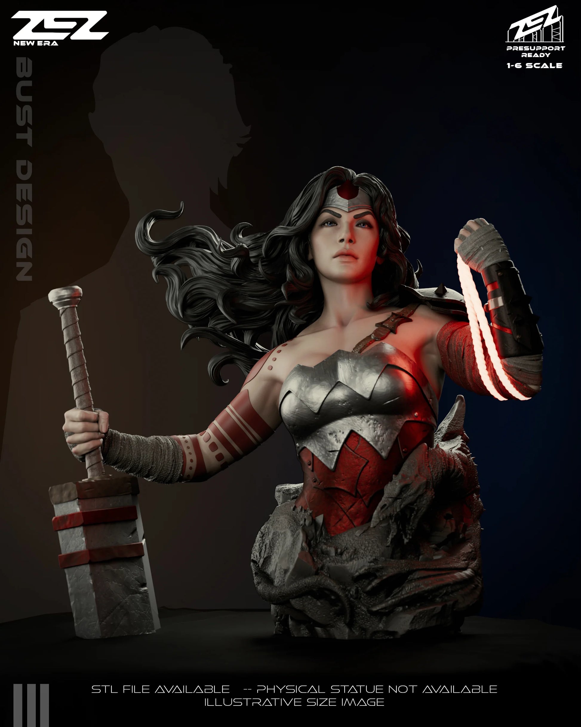 Bust design of Absolute Wonder Woman holding a sword with glowing lasso wrapped around her arm, red armor, and stone base.