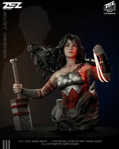 Bust design of Absolute Wonder Woman holding a sword with glowing lasso wrapped around her arm, red armor, and stone base.