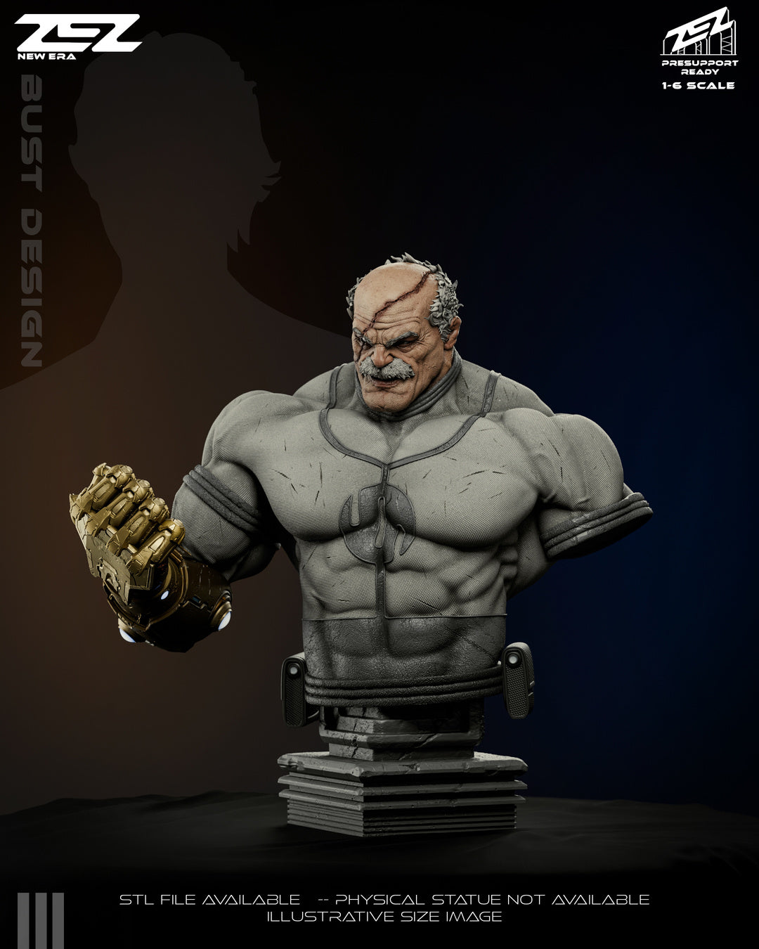 Painted Conquest bust with golden gauntlet raised and a sneering expression on his scarred face.