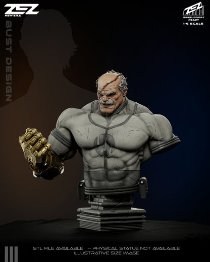 Painted Conquest bust with golden gauntlet raised and a sneering expression on his scarred face.