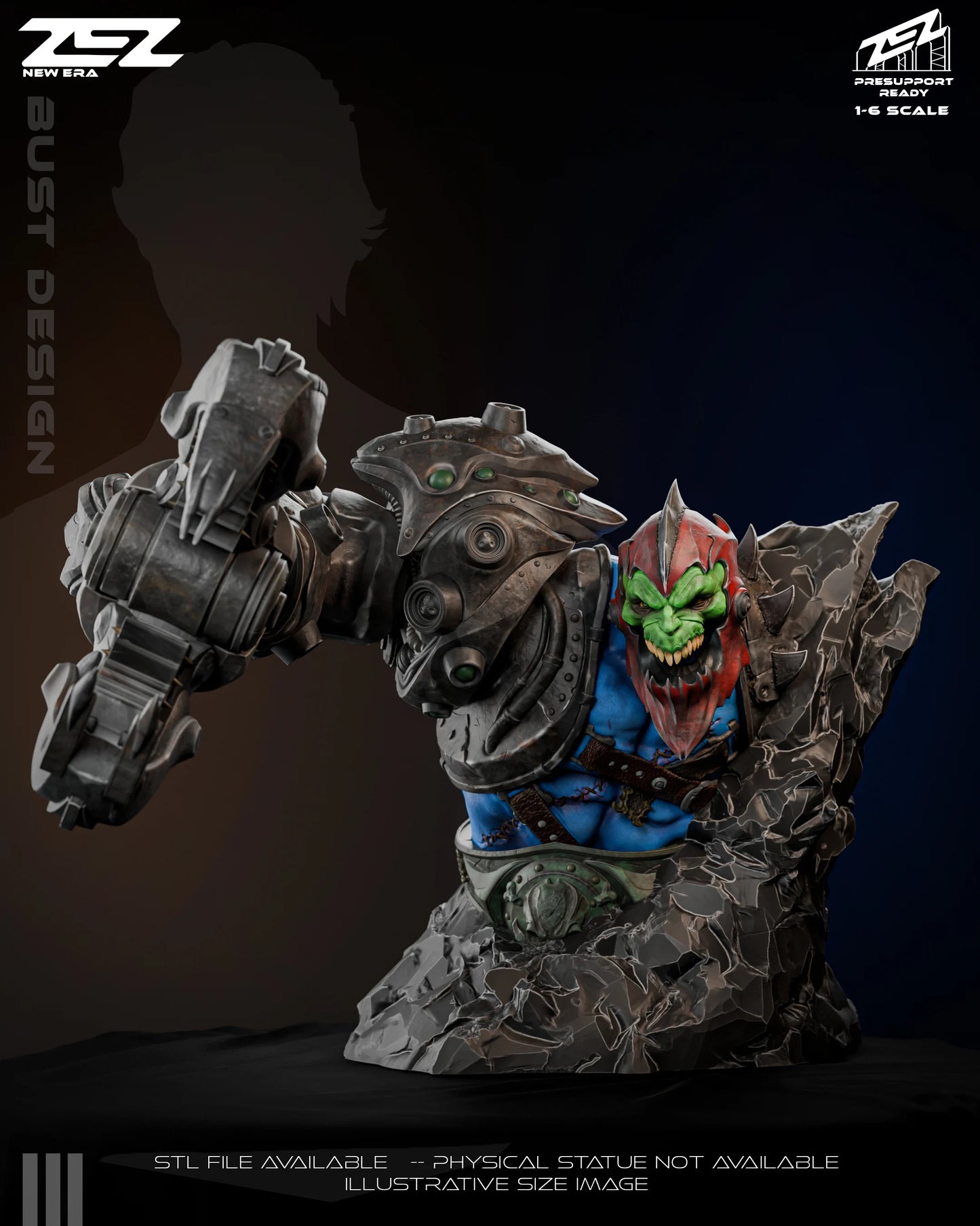 Trapjaw bust collectible, cyborg head and upper torso, mechanical shoulder armor, snarling expression, Masters of the Universe character bust