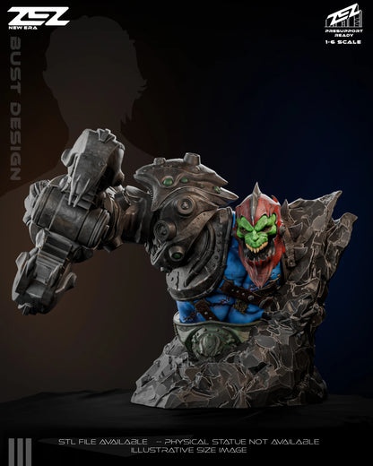 Trapjaw bust collectible, cyborg head and upper torso, mechanical shoulder armor, snarling expression, Masters of the Universe character bust