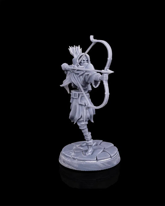 Undead archer miniature front view from Beldrad's Bag of Beasts showing skeletal face, bow drawn with arrow nocked, hooded attire, and dynamic firing stance on a stone base for Dungeons & Dragons encounters