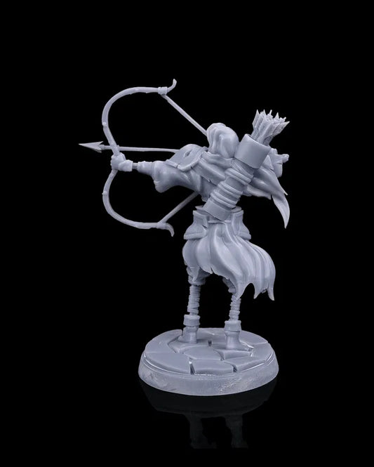 Undead archer miniature rear view from Beldrad's Bag of Beasts with flowing tattered cloak, quiver of arrows, twisted posture, and elevated stone base, skeletal ranged enemy for tabletop roleplaying games