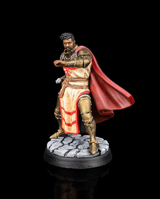 Human paladin hero miniature front view from Beldrad's Bag of Beasts wearing heavy armor and tabard, sword at the ready, disciplined stance, and resolute posture inspired by Dungeons & Dragons Honor Among Thieves