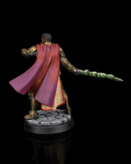 Human paladin hero miniature rear view from Beldrad's Bag of Beasts showing flowing cape, plated armor, controlled stride, and stoic knightly presence for tabletop roleplaying games