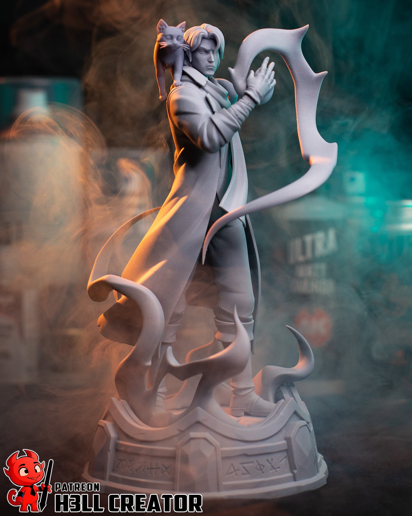 Caleb Widogast Mighty Nein 1:8 scale figure front view human wizard casting spell arcane flame magic effect detailed coat runic base Frumpkin