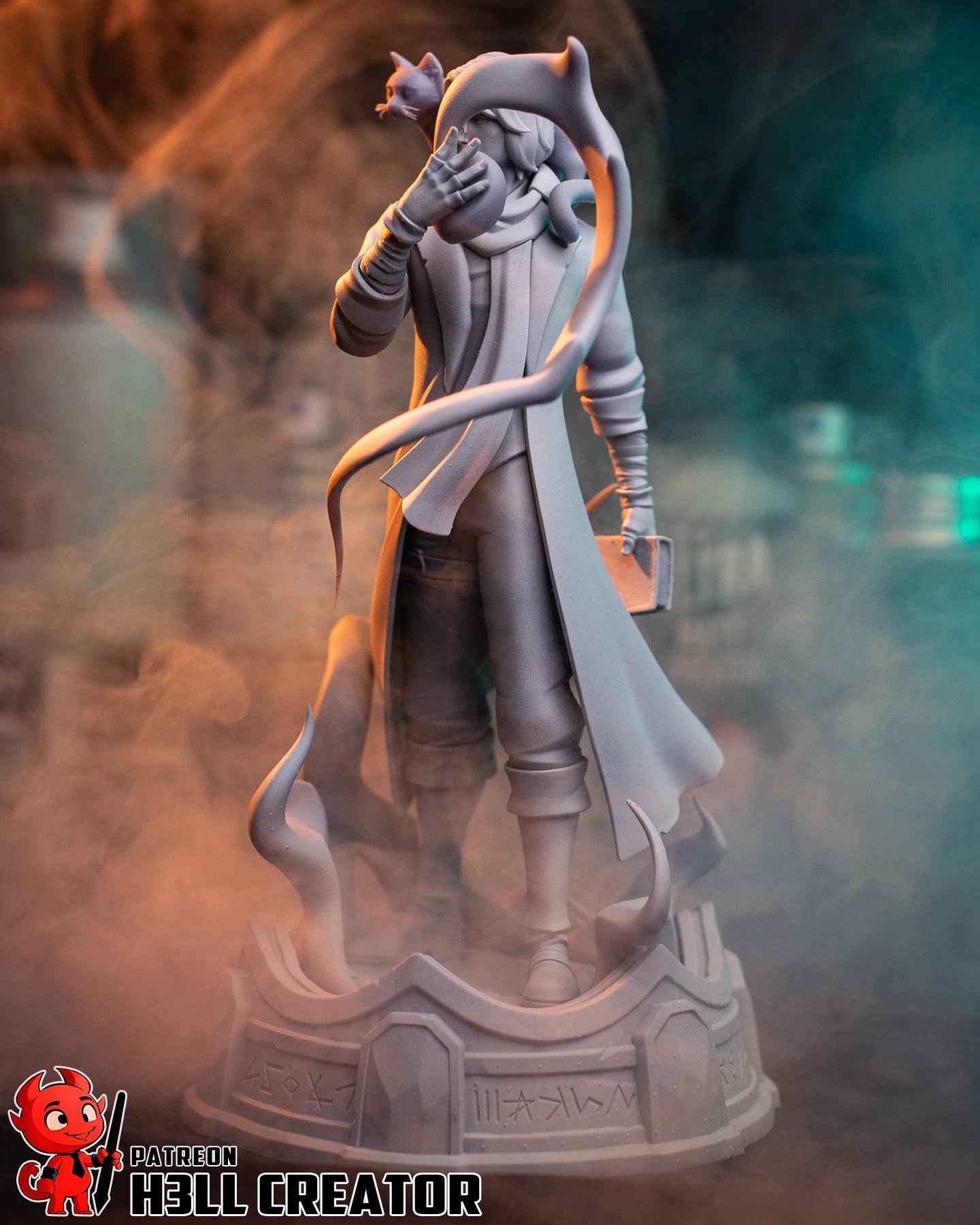 Caleb Widogast Mighty Nein 1:8 scale figure rear view human wizard long coat flowing arcane flame effect runic display base Frumpkin familiar