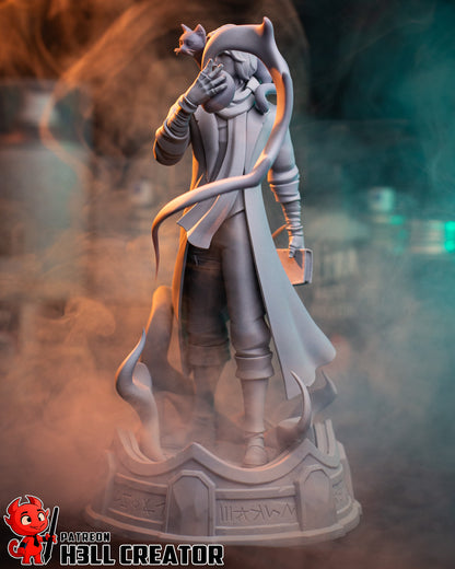 Caleb Widogast Mighty Nein 1:8 scale figure rear view human wizard long coat flowing arcane flame effect runic display base Frumpkin familiar