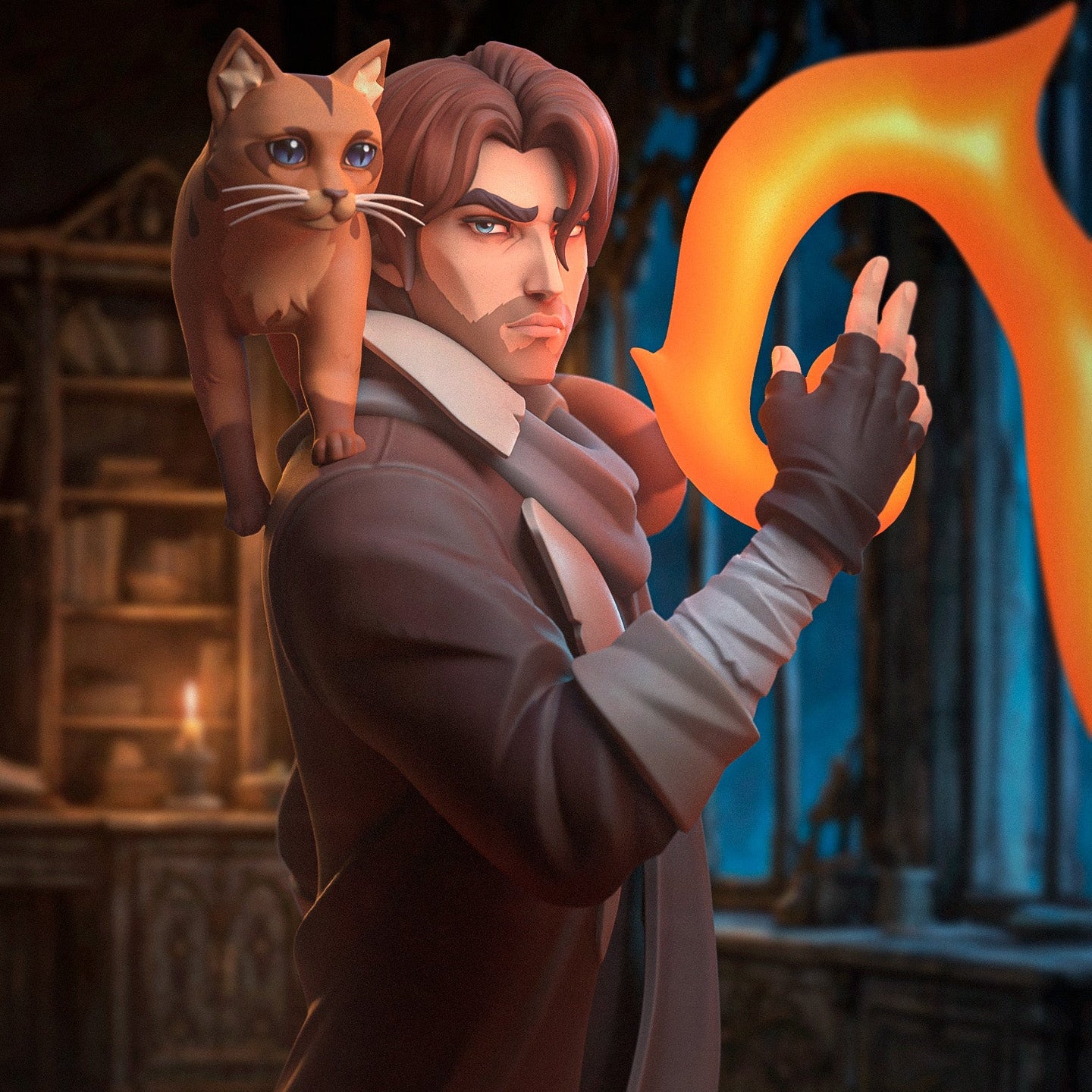 Caleb Widogast Mighty Nein 1:8 scale painted render human wizard holding spell flame Frumpkin on shoulder dramatic lighting