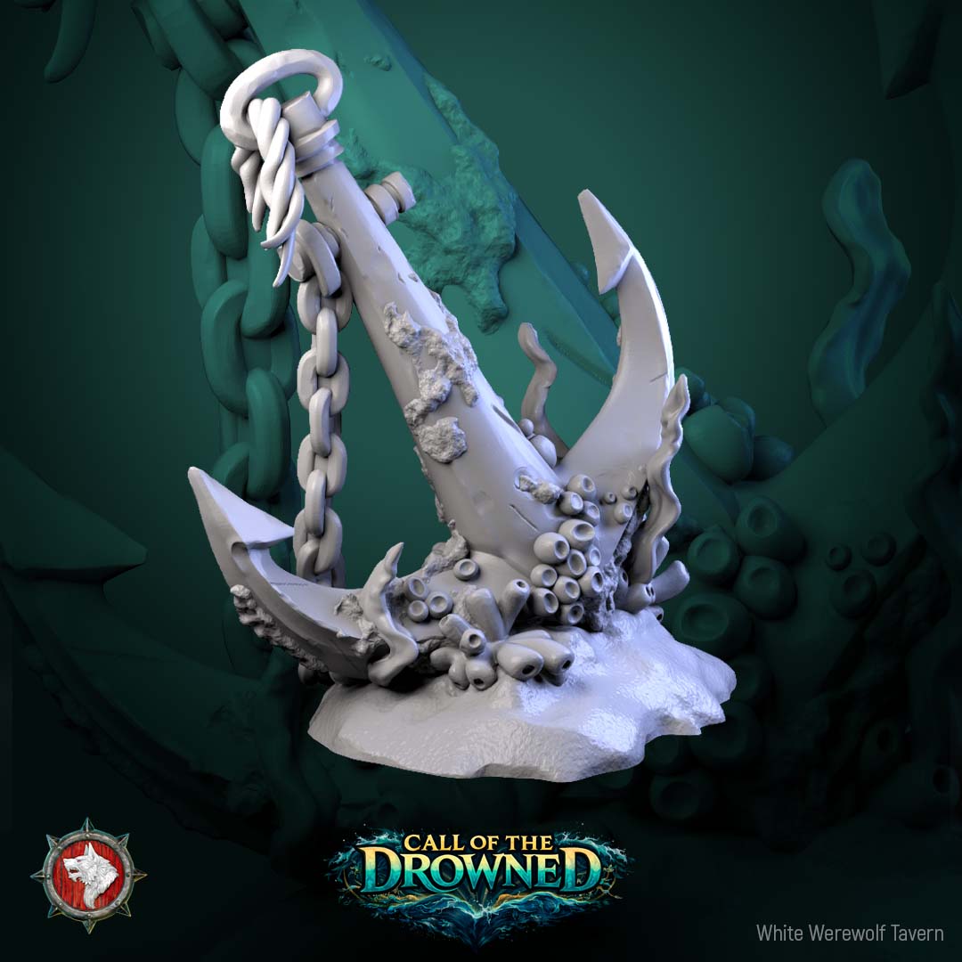 Barnacle covered ship anchor terrain with chain coral growth and underwater ocean floor details for tabletop gaming
