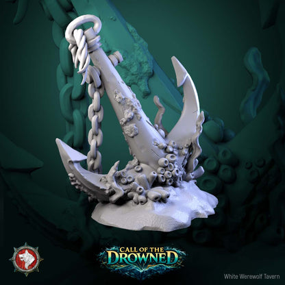 Barnacle covered ship anchor terrain with chain coral growth and underwater ocean floor details for tabletop gaming