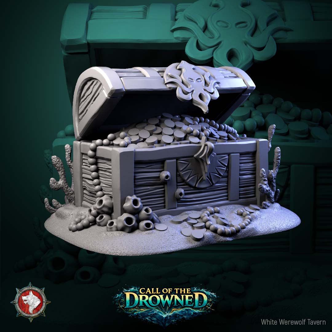 Sunken treasure chest terrain overflowing with coins pearls and underwater treasure for tabletop RPG encounters