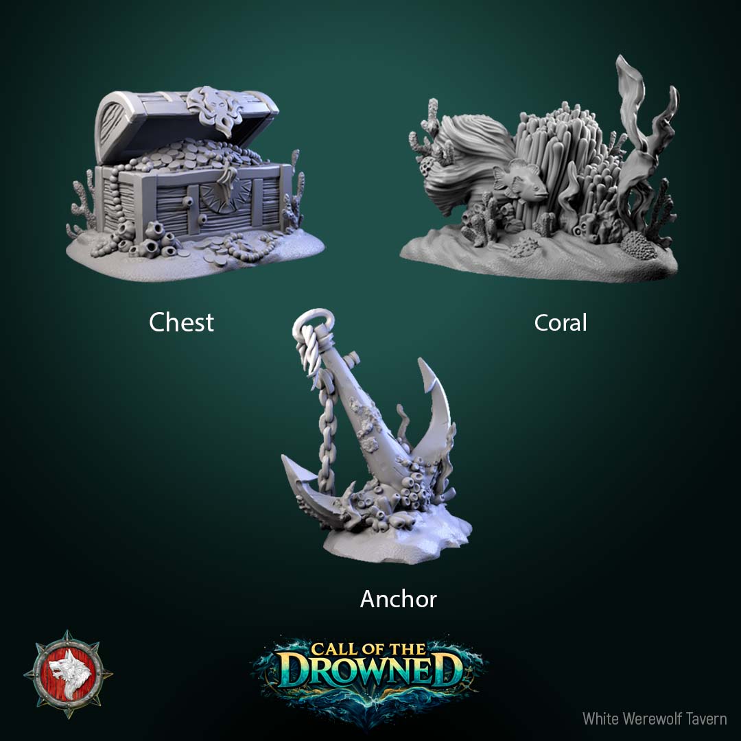 Call of the Drowned underwater terrain set featuring coral reef treasure chest and anchor scatter terrain for aquatic tabletop adventures
