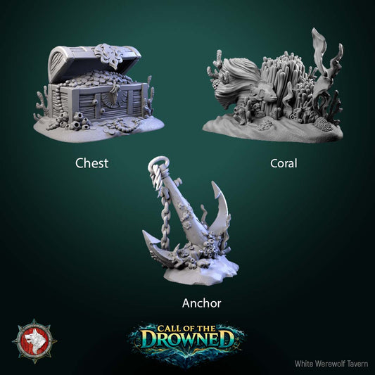 Call of the Drowned underwater terrain set featuring coral reef treasure chest and anchor scatter terrain for aquatic tabletop adventures